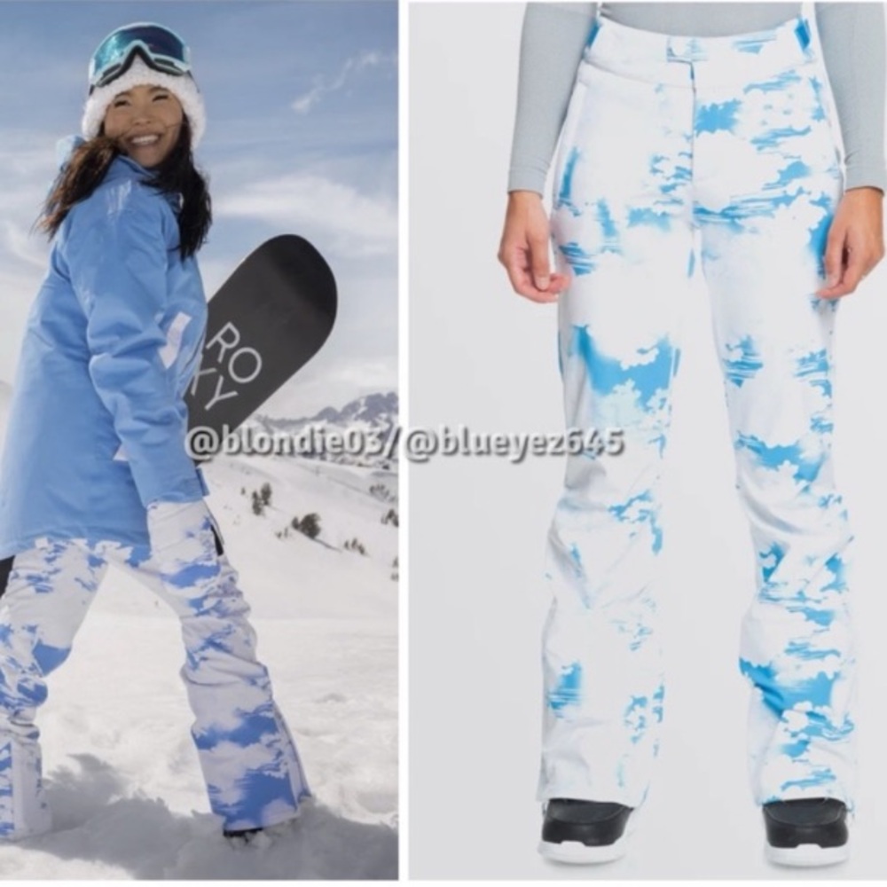 Roxy × Chloe Kim softshell snowboard pants azure blue clouds